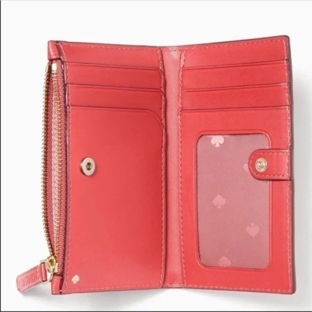 Kate Spade New York Red Pebbled Leather Slim Bifold Wallet Snap Closure NWT